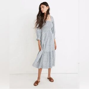 Lucille elbow sleeve smocked midi dress in sunflower field